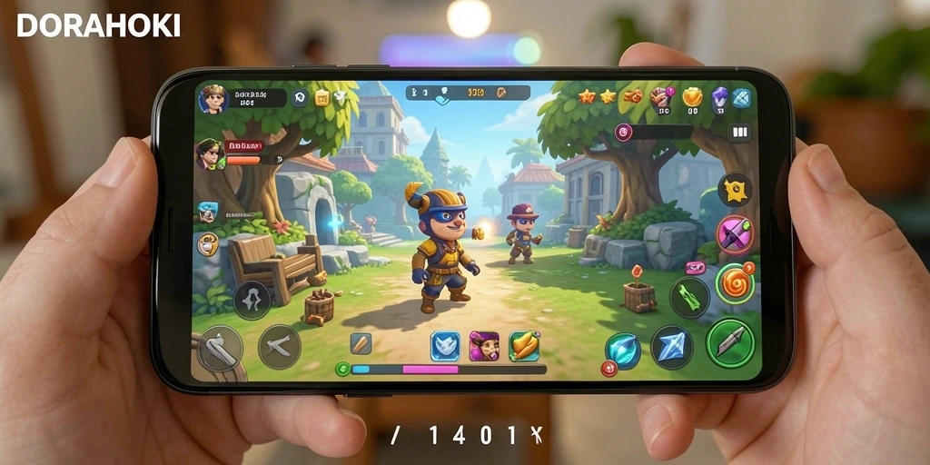 Tangkapan layar dari gameplay DORAHOKI yang menyenangkan dan berwarna-warni.