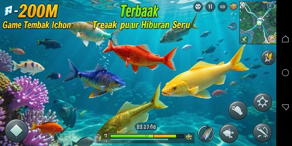Screenshot gameplay F200M menampilkan aksi menembak ikan.