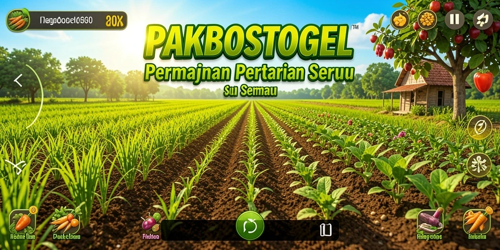 Screenshot gameplay PAKBOSTOGEL menampilkan kebun yang subur dan hewan ternak yang aktif.