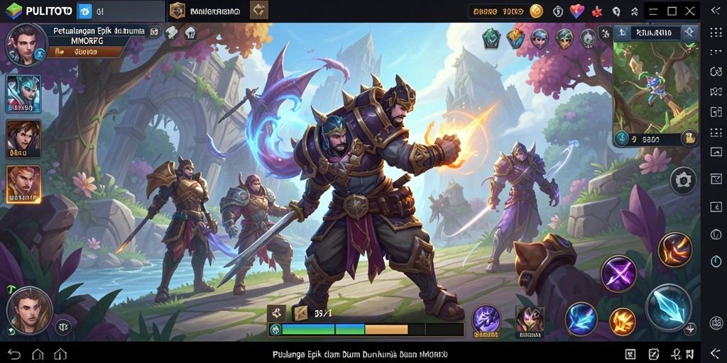 Screenshot utama PULITOTO menampilkan pertempuran epik dalam dunia MMORPG.