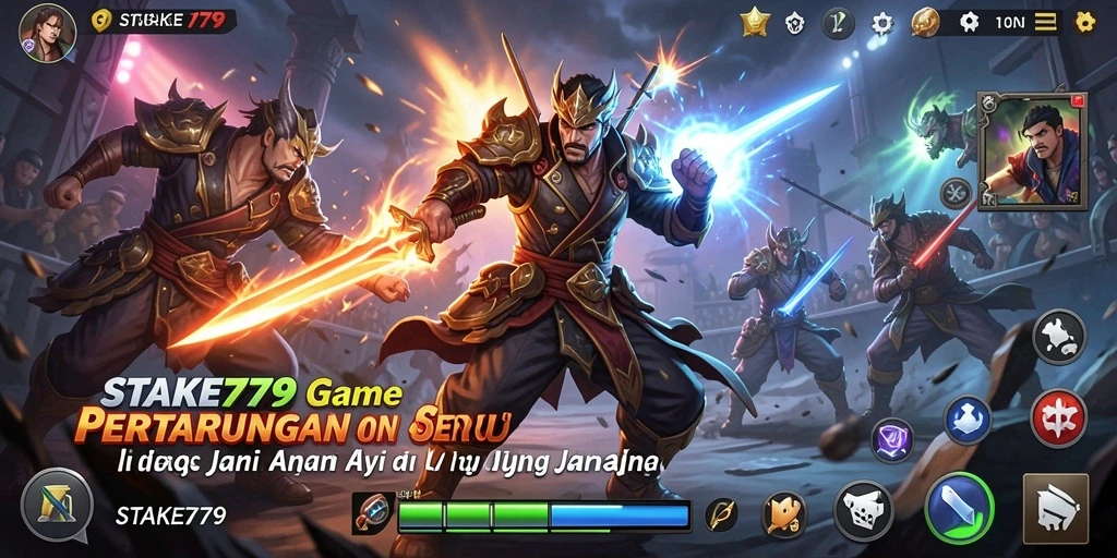 Tampilan screenshot utama STAKE779 menampilkan pertarungan epik antara dua karakter.